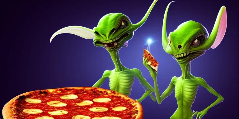 two aliens in New York eating pizza