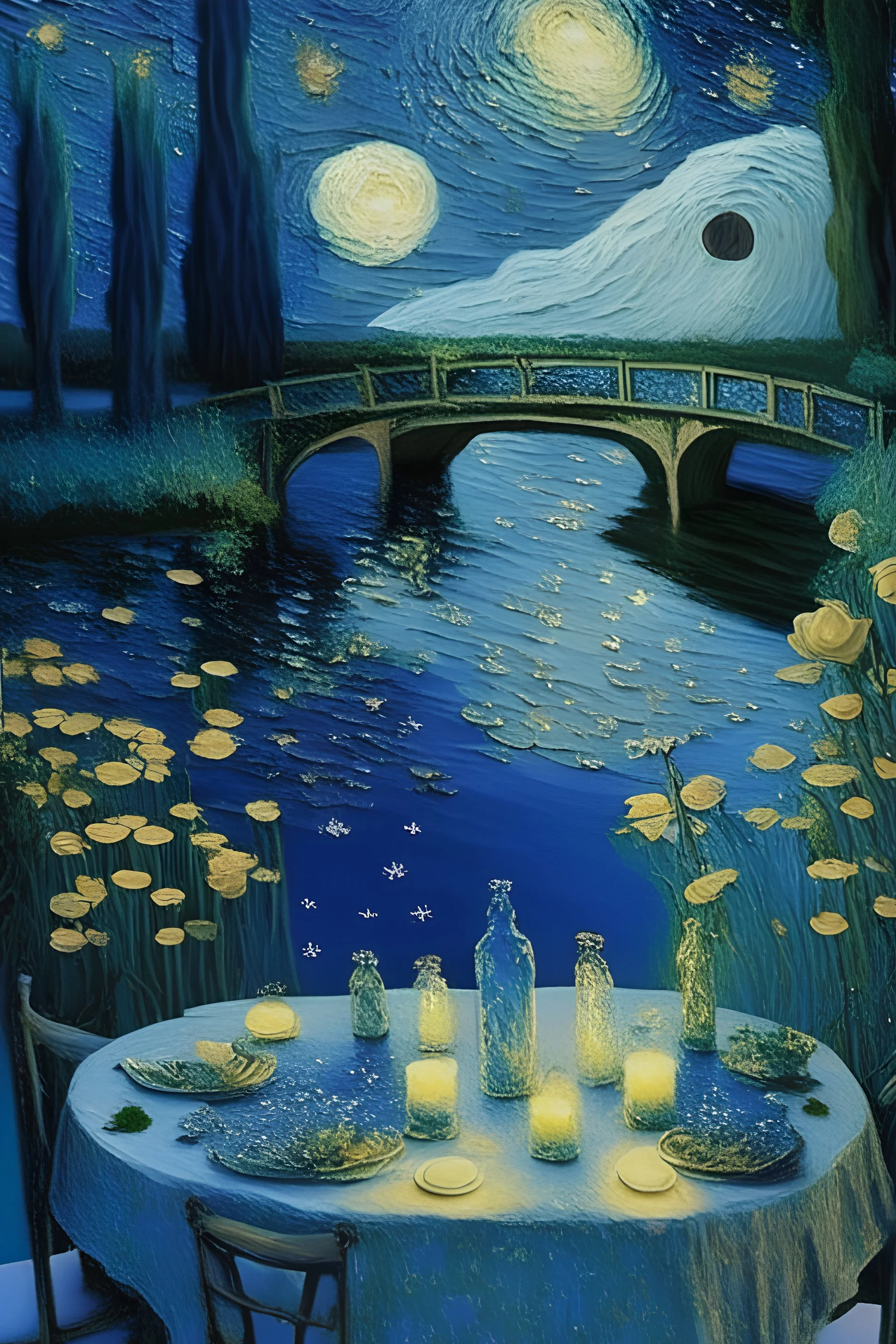 tableau "nuit étoilée" où l'eau devant est un lac avec des nénuphar et un pont comme dans le jardin de monet