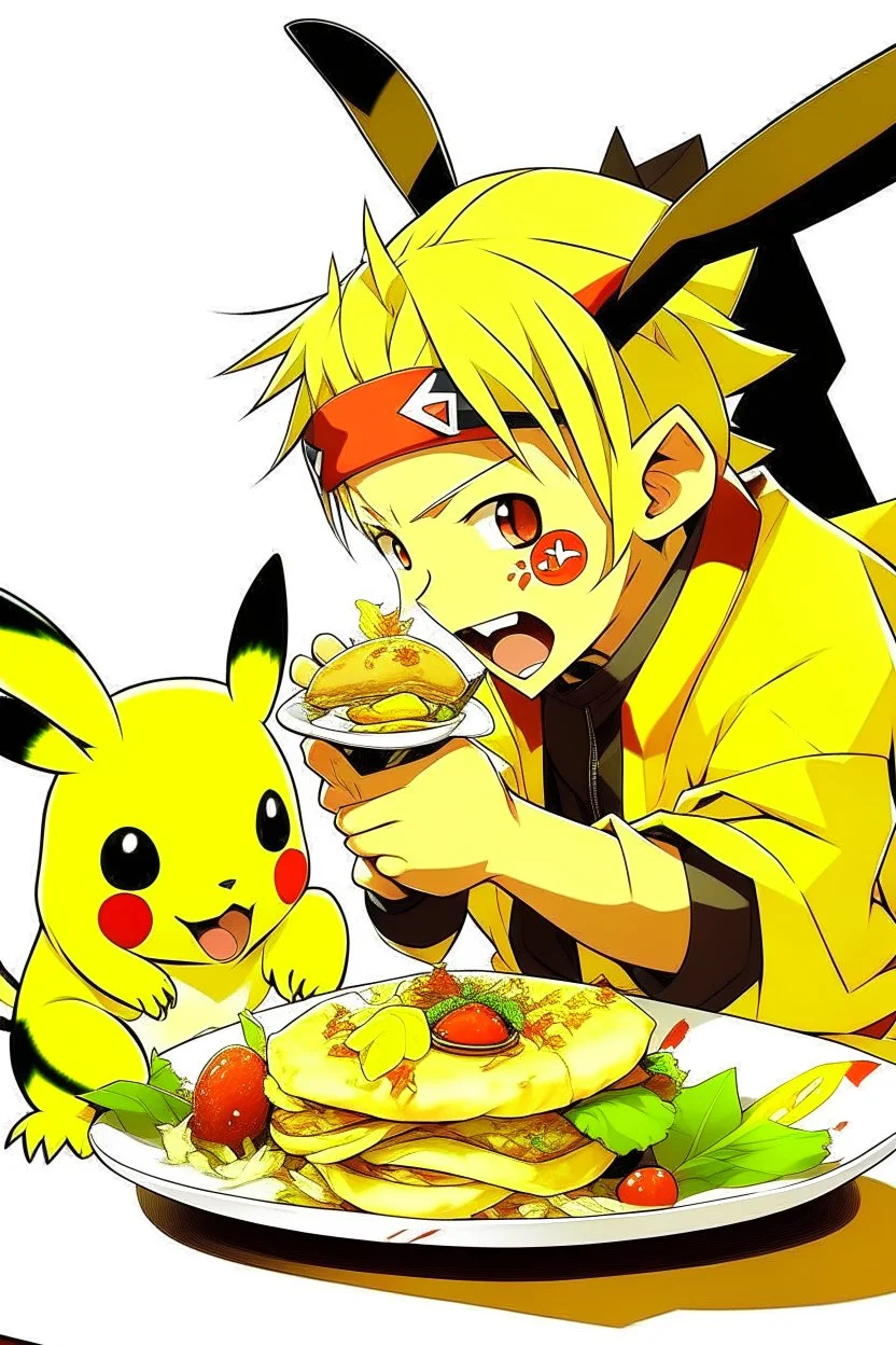 Naruto eating a steak with pikachu