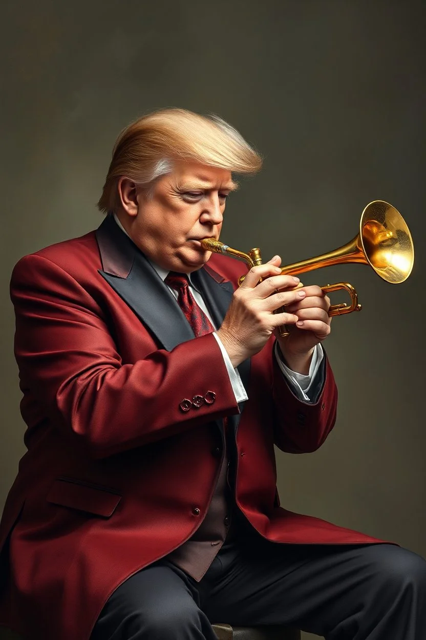 Trump playing the musical trump instrument , traditional si, studio photograph, very aesthetic, highly detailed, brilliant composition, hyper realistic, photorealistic, subsurface scattering matt painting