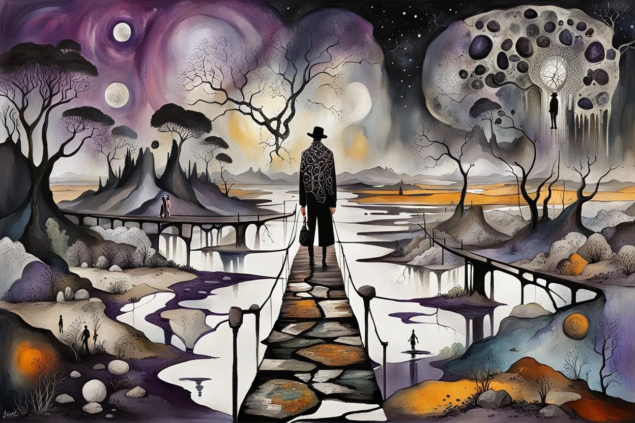 inner world , atypical world, in midle an alone human figure in weird alternative clothes stands on the thin bridge with a big map his hands , weird whimsical landscape, forest, and Sahara water and rocks,, around surreal cracked painted weird land with some black doors. dark purple, gray, black, white, brown. Whimsical style of Chagall , of Minjae Lee and Anton Semenov, lonely with absurd beauty. broken, weird bizarr,e absurd nightmare, neuron network background, surreal vibe