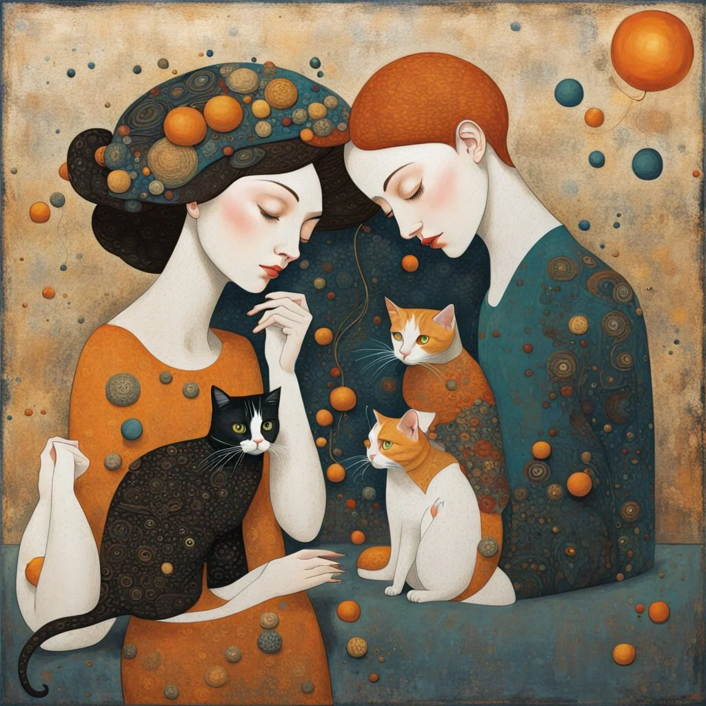 Random people and cats, random environment, random artistic style, random mixed techniques, random colours, random shapes, minimalist, creative, Precise figures, realistic textures, Klimt