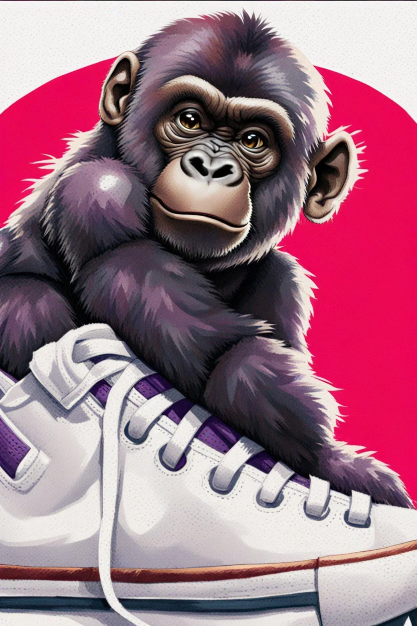 a profile picture of a small gorilla sitting in a purple coloured Converse sneaker, like it's a car, comic style