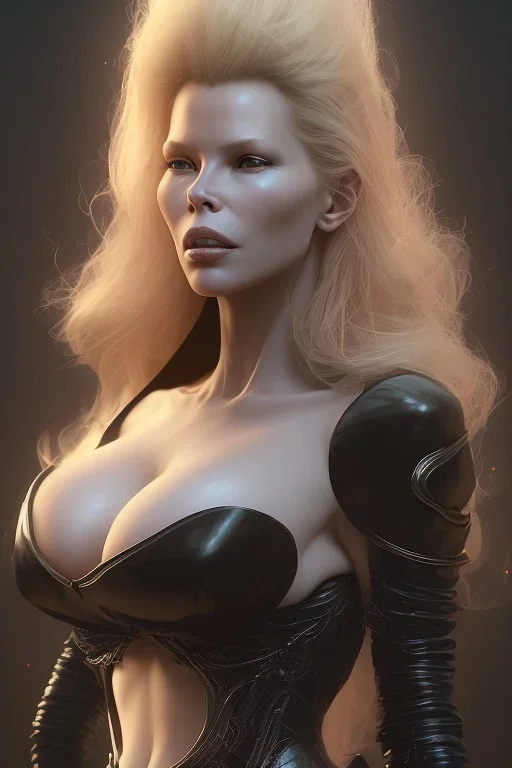 Kim Basinger in black leather gown, evil,energetic, villain, busty, cleavage, curvy, angry, happy, stern look. character design by cory loftis, fenghua zhong, ryohei hase, ismail inceoglu and ruan jia. unreal engine 5, artistic lighting, highly detailed, photorealistic, fantasy