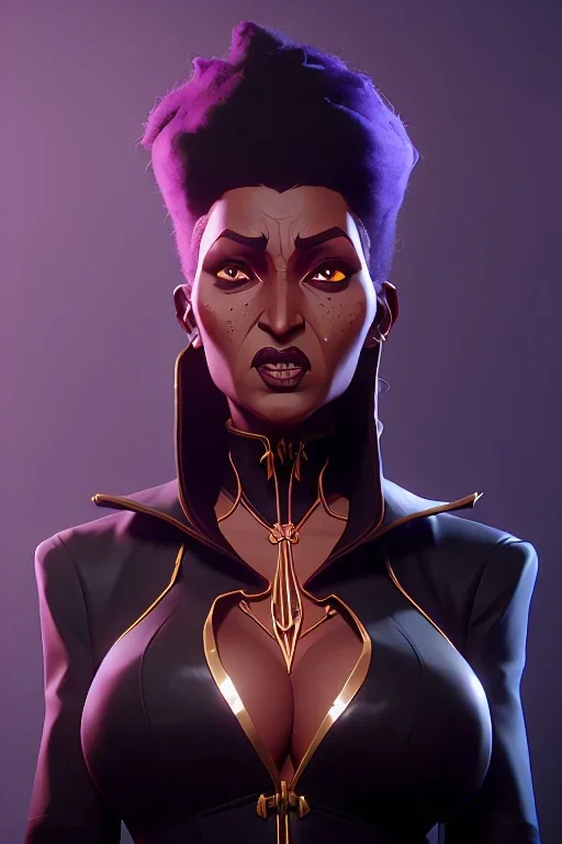 Pam Grier as evil queen in black leather, leather, busty, cleavage, angry, stern look. character design by cory loftis, fenghua zhong, ryohei hase, ismail inceoglu and ruan jia. unreal engine 5, artistic lighting, highly detailed, photorealistic, fantasy