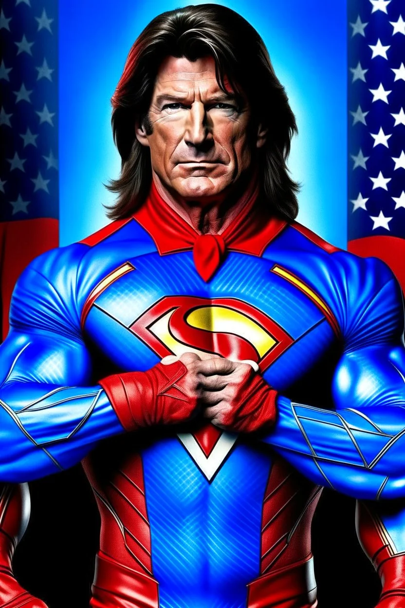 Paul Stanley/Elvis Presley/Pierce Brosnan/Jon Bernthal/Sean Bean/Dolph Lundgren/Keanu Reeves/Patrick Swayze/ hybrid, as the extremely muscular Superhero "SUPERSONIC" in an original patriotic red, white and blue, "Supersonic" Super suit with with an America Flag Cape,