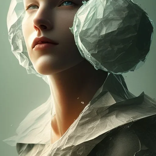 rendered in blender trash bag on his head and crumpled paper as a texture, collage paper and tape, slit - scan photography, high resolution, cinematic, unreal 6, breathtaking detailed