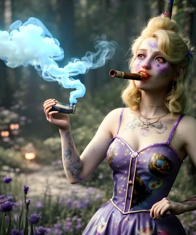 Ultra realistic wonderland photo, happy blonde woman smoking a pipe, blue dress, purple cat friend, circus dress style, old school tattoo, smoke, marijuana garden, glow eyes, perfect iris, soft color, highly detailed, unreal engine 5, cinematic, ultra detail, volumetric lighting, high definition.