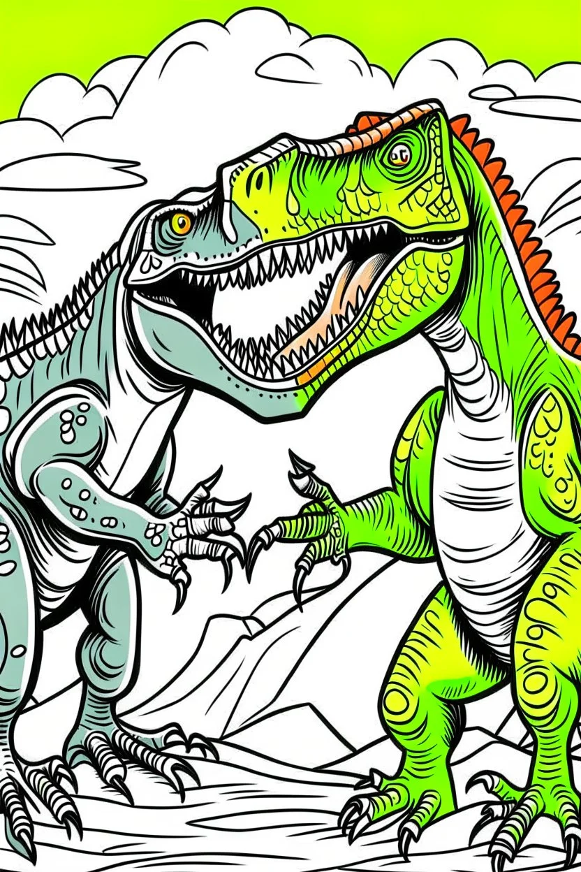 create a coloring page: Show a young T-Rex roaring loudly to assert its dominance over a rival dinosaur. ink drawing clipart, simple line illustrations, colored