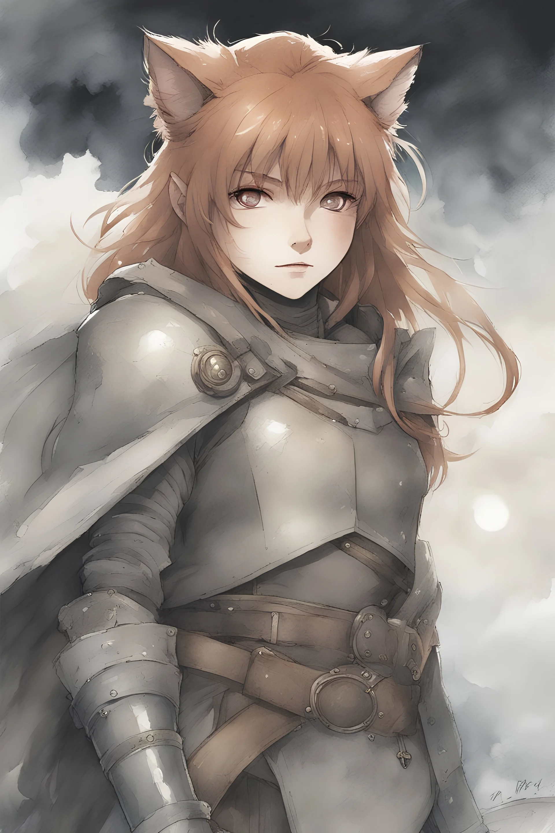 Raphtalia from rising of the Shield Hero. A soft-focus image of the silver moonrise casting a cool glow, create in inkwash and watercolor, in the comic book art style of Mike Mignola, Bill Sienkiewicz and Jean Giraud Moebius, highly detailed, gritty textures,