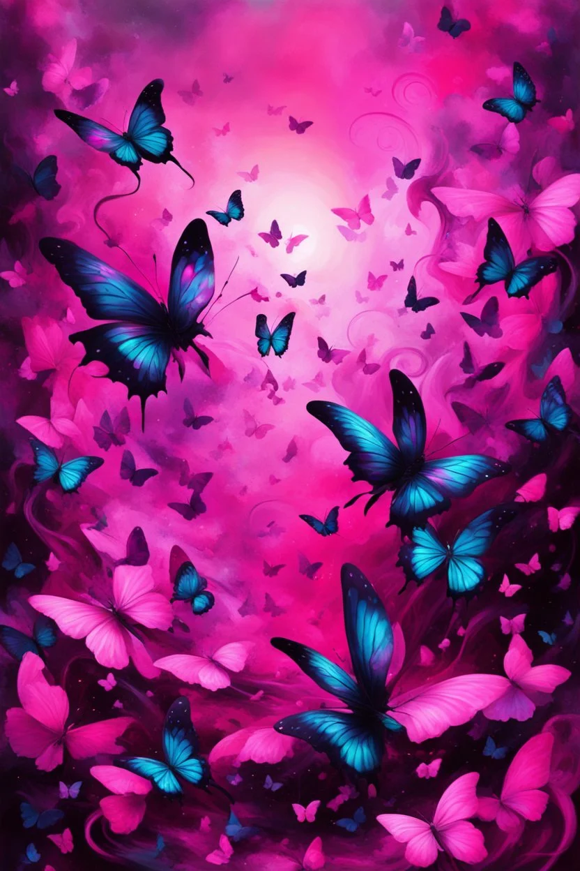 vibrant psychedelic oil painting image, airbrush, 64k, cartoon art image of background HOT PINK and BLACK BUTTERFLIES with music notes , futurism style