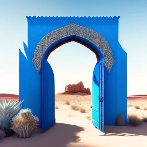 A gothic_arab gate in a blue wall with a view of a desert landscape