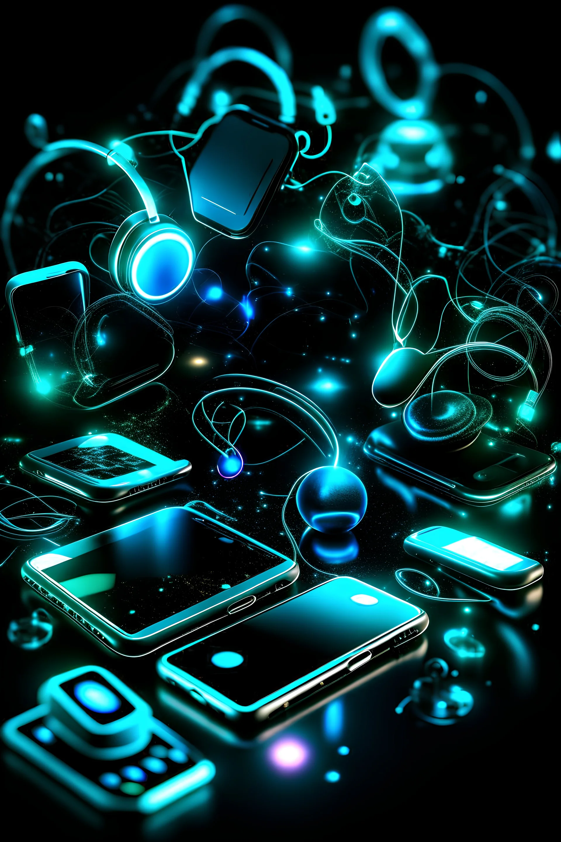 a watermark of glowing shapes of smartphones, laptops,sattelite headset and other electronics gadgets