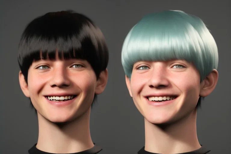 Huge grin Bowl cut black hair