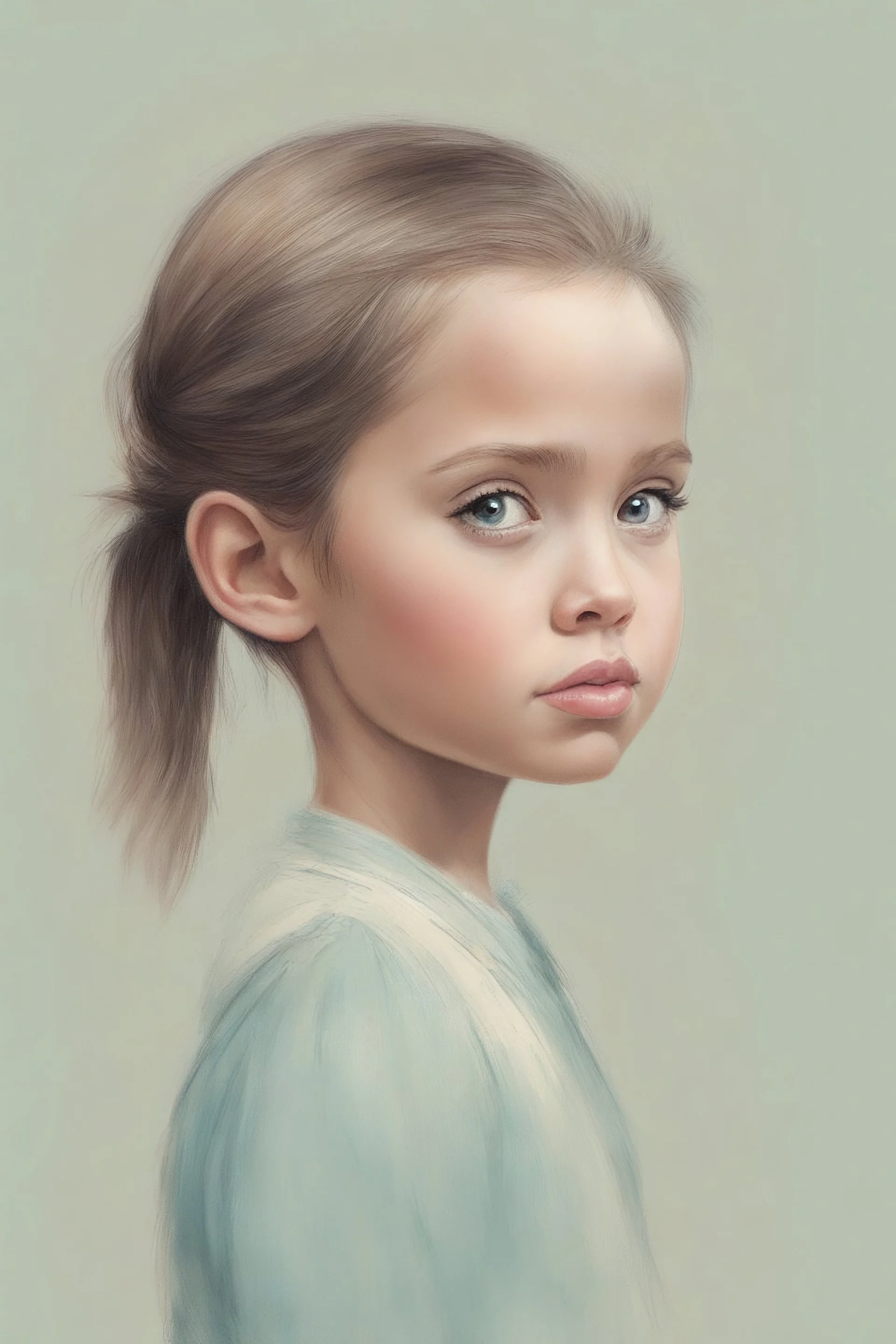 Illustration of Angelina Jolie as a toddler,, pony tail, at.the zoo,, style of Marcel Marlier, pastel colors
