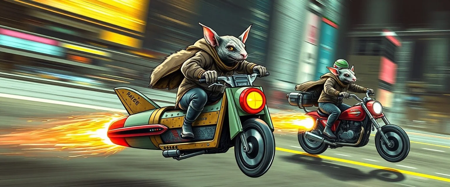 hi speed rocket ship on leaning scooter in a swing, coated rat gremlin captain in high speed pursuit among neon spy vs spy rat cyber soldiers, with background motion blur, airbrush and pen outline, in the style of Fallout 4 and Cyberpunk and GTA5