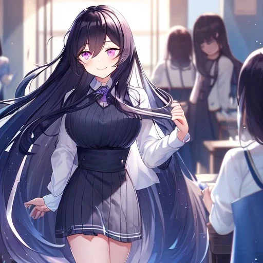 Clear focus,High resolution,High quality, Teacher, Smiling, Eyes closed, Black long hair flowing with the wind, Purple eyes, Slight Reveal Clothes