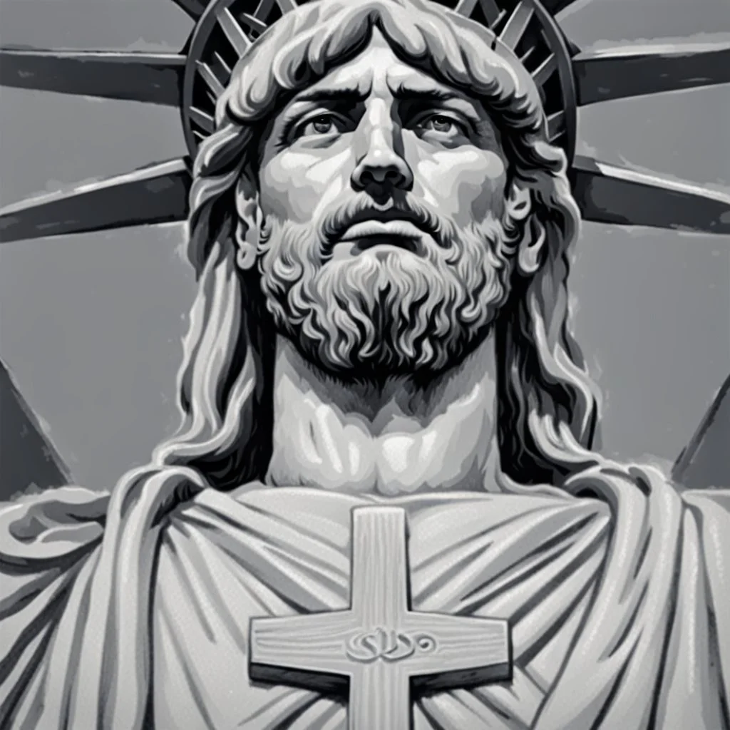 line toned, hedcut, wsj style, statue of Jesus of Liberty with a beard and wearing a cross and hanging from a cross, The statue male, hyperdetailed intricately detailed photoillustration ink drawing dystopian 8k resolution entire body of the statue is in the picture. digital illustration telephoto lens photography , same colors as the us treasury's one dollar bill, crucified"