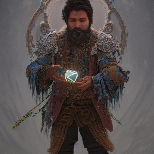 Insanely detailed photograph of an “mariachi warrior holding glowing D20” with intricate detailed beard, intricate clothing, hyperdetailed painting by Ismail Inceoglu Huang Guangjian and Dan Witz CGSociety ZBrush Central fantasy art album cover art,8K, hdr, mysterious, flickeringlights ,Stoic