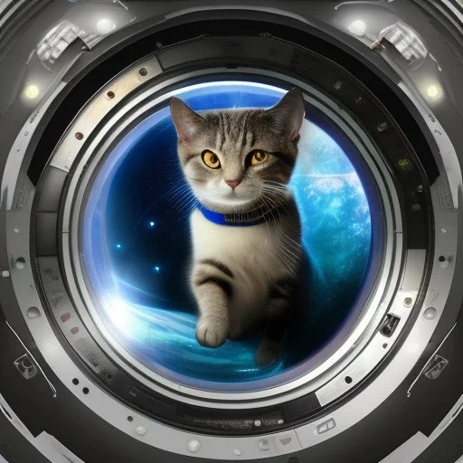 hyper-realistic spaceship interior with a cat looking through porthole at milkyway, suited astronaut float behind cat, 8k resolution, high-quality, fine-detail, detailed matte, intricate, 3D octane render, illustration, digital art, brian froud, howard lyon, anna dittman, greg rutowski,