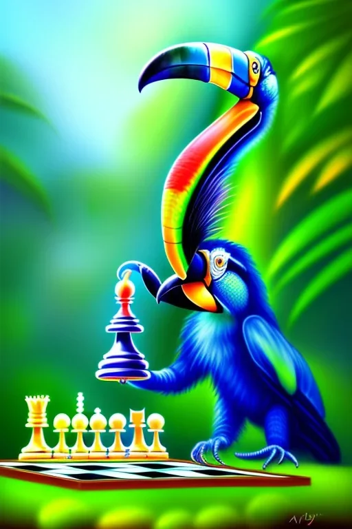 blue spiderplaying chess with a toucan, neo-impressionism, trending on artstation, jungle setting, pastel colors,