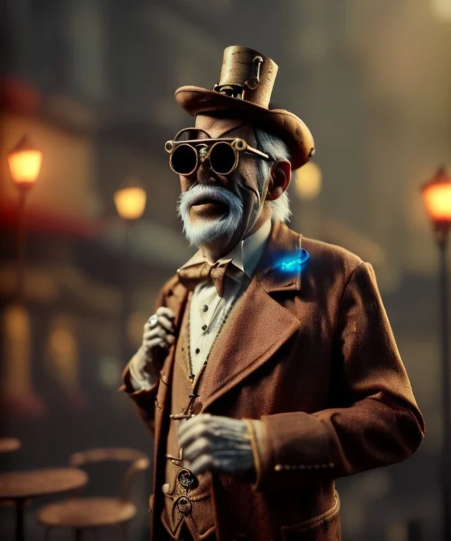 steampunk, cabaret scene. old man. little monkey, Sunglasses, rain, smoking, happy, hot. A lot of people background, highly detailed, concept art, unreal engine 5, god rays, ray tracing, RTX, lumen lighting, ultra detail, volumetric lighting, 3d, finely drawn, high definition, high resolution.