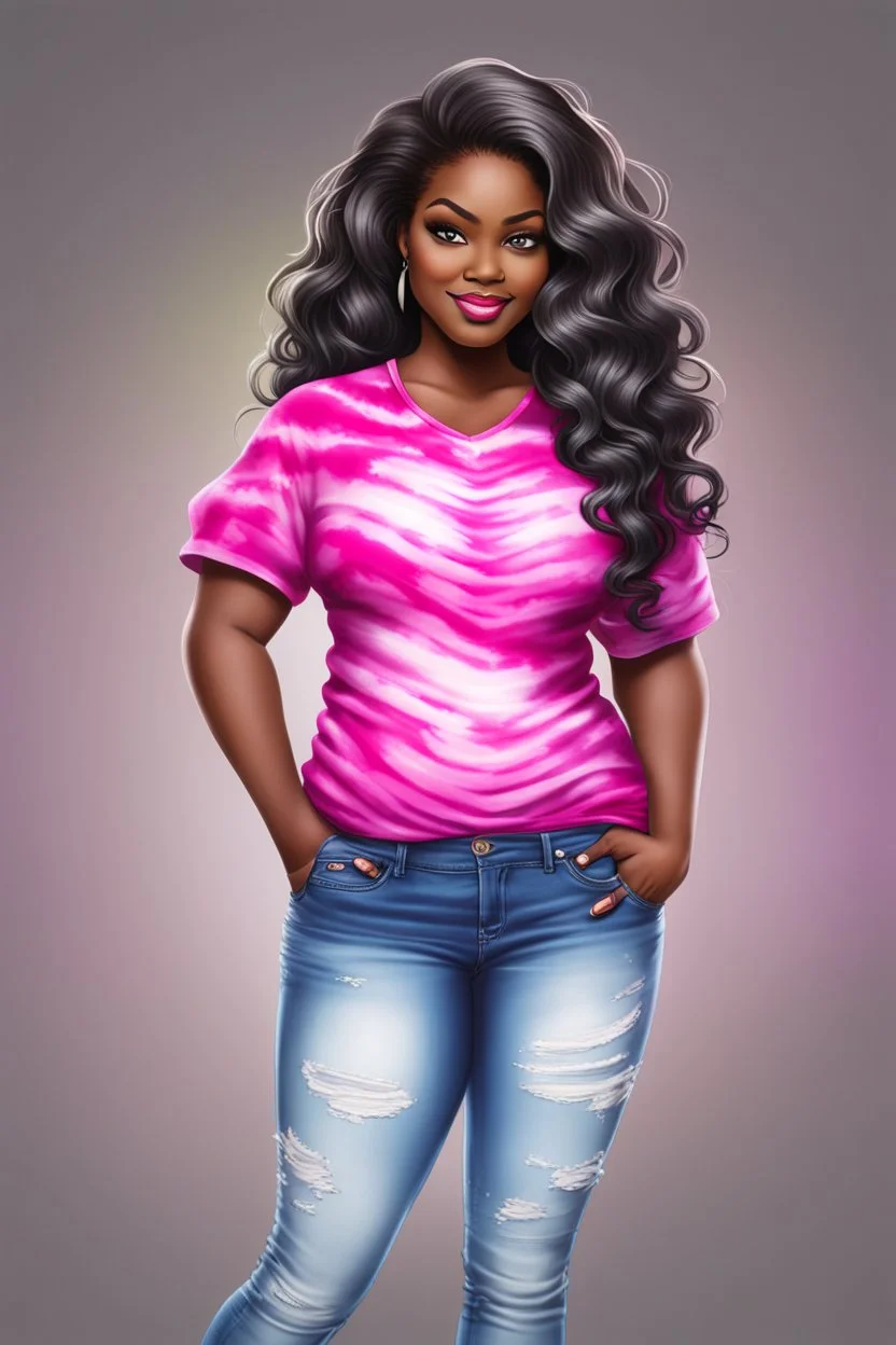 Create an airbrush cartoon image of a curvy black female wearing a hot pink tie dye t-shirt with white cut up jeans. Prominent make up with hazel eyes. Highly detailed long wavy brown and grey ombre hair flowing in the air.