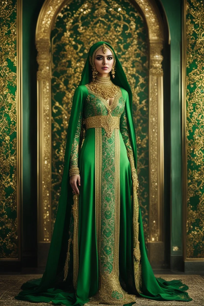 Gorgeous photography full body Beautiful super model arabian hijab dressing Luxury gown islamic green and gold ornaments art conceptual, amazing artwork,close-up portrait,crystal ornaments background