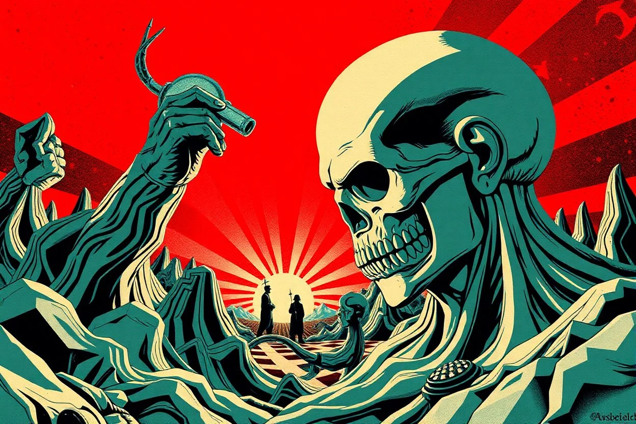 propaganda poster in the style of Rembrandt, Escher and Giger