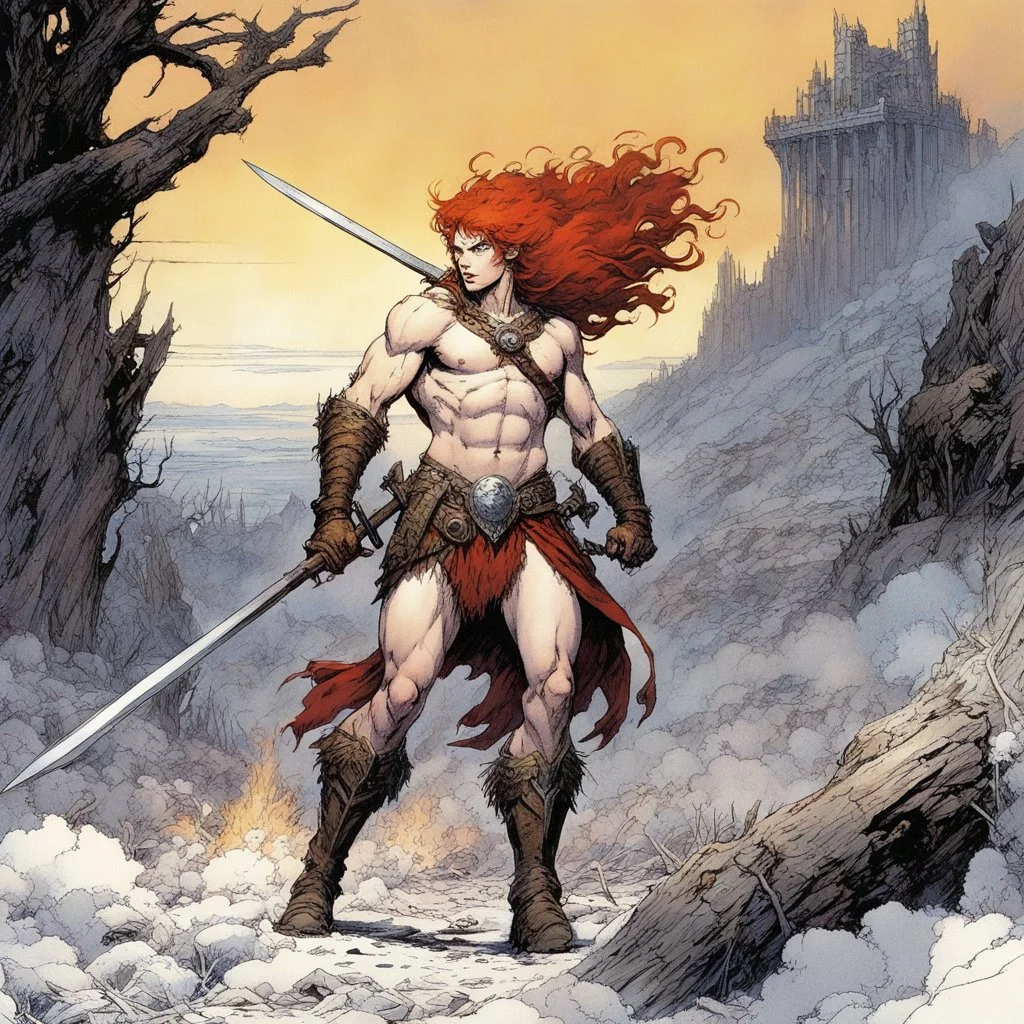 [art by Michael Kaluta] once a flourishing field, now reduced to burned ruins, fumes of death hung heavy in the air. Amidst the devastation, an enraged redhead Barbarian, a towering figure of wrath and fury, thundered across the desolate landscape. His eyes blazed with a primal rage as he sprinted towards a lone white paladin, clad in chrome steel plate armor, a beacon of light amidst the darkness. The Barbarian faces the paladin.