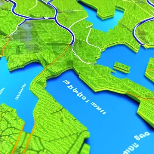 a 3d partially transparent map with roads and highways, and colored pins with round tops positioned throughout the map, highly detailed, intricate design, smooth, realistic render