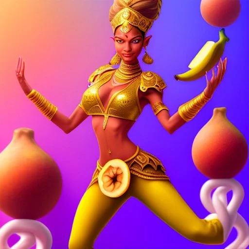 dhalsim as woman,big pile of bananas, yoga artist on a boat in the air,small hands, maze background , levitated lab equipment, 4k, Highly Detailed, Masterpiece, perfect eyes, Digital Illustration, Cinematic Lighting, Realistic, Sharp Focus, Centered, Beautifully Lit, Bioluminescent by Stanley Artgerm Lau