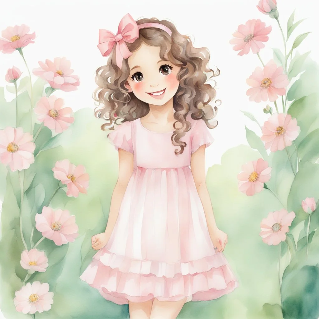 watercolor, full body, cute smile girl, curly hair, big eyes, long brown hair, pink dress, pink shoes, white backgrownd