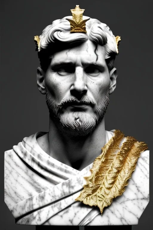 Realistic image, Roman sculpture made in white marble with gold veins, Lionel messi with gold laurel leaves crown, decorative star on the chest, waist up portrait,marble material, gold ornaments, Renaissance style, sun rays background, epic, celestial, cinematic lighting, God lights, 4k resolution, smooth details, soft lighting, unreal engine 5, art station, substance 3d.