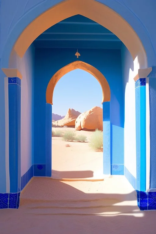 An open gothic_arab doorway in a tiled blue wall with a view of a desert landscape