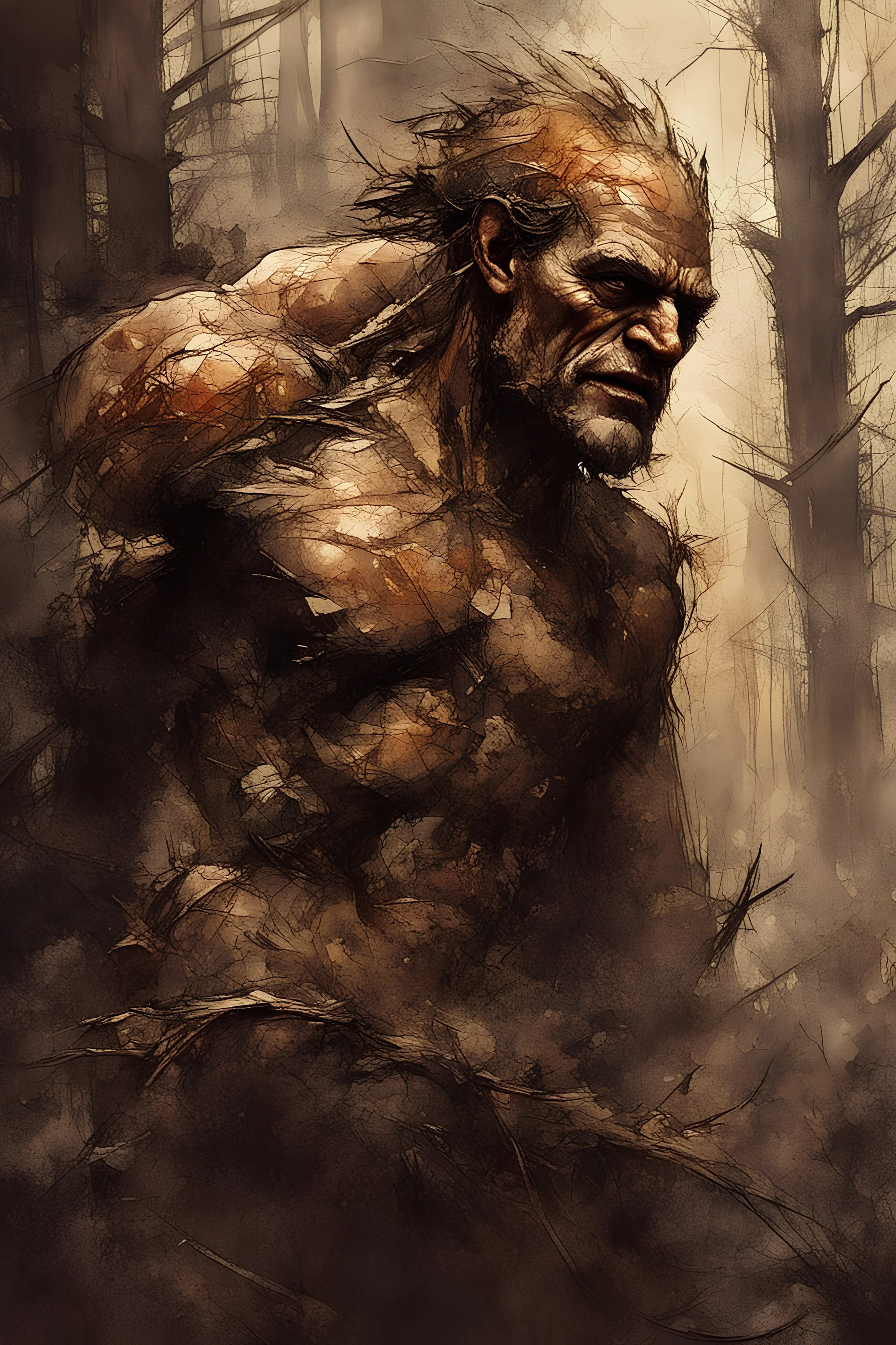 a stupid and crazy stone giant walks through the forest and breaks, vivid emotions, watercolor, photorealism, dark fantasy, bad weather, gloomy day, dark world, sketch art, fine lines, grunge, sensual, darkness, by Raymond Swanland & Alyssa Monks & Anna Razumovskaya