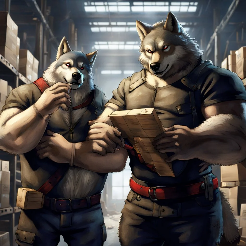 a chubby anthropomorphic wolf-man wearing t-shirt pants and red belt around his waist looking at several item lists in his paws in a large warehouse, around some boxes and wooden crate, an another anthropomorphic wolf-man just half visible in the doorway as he looks at him, detailed, realistic, sci-fi, anthro mood, fantasy