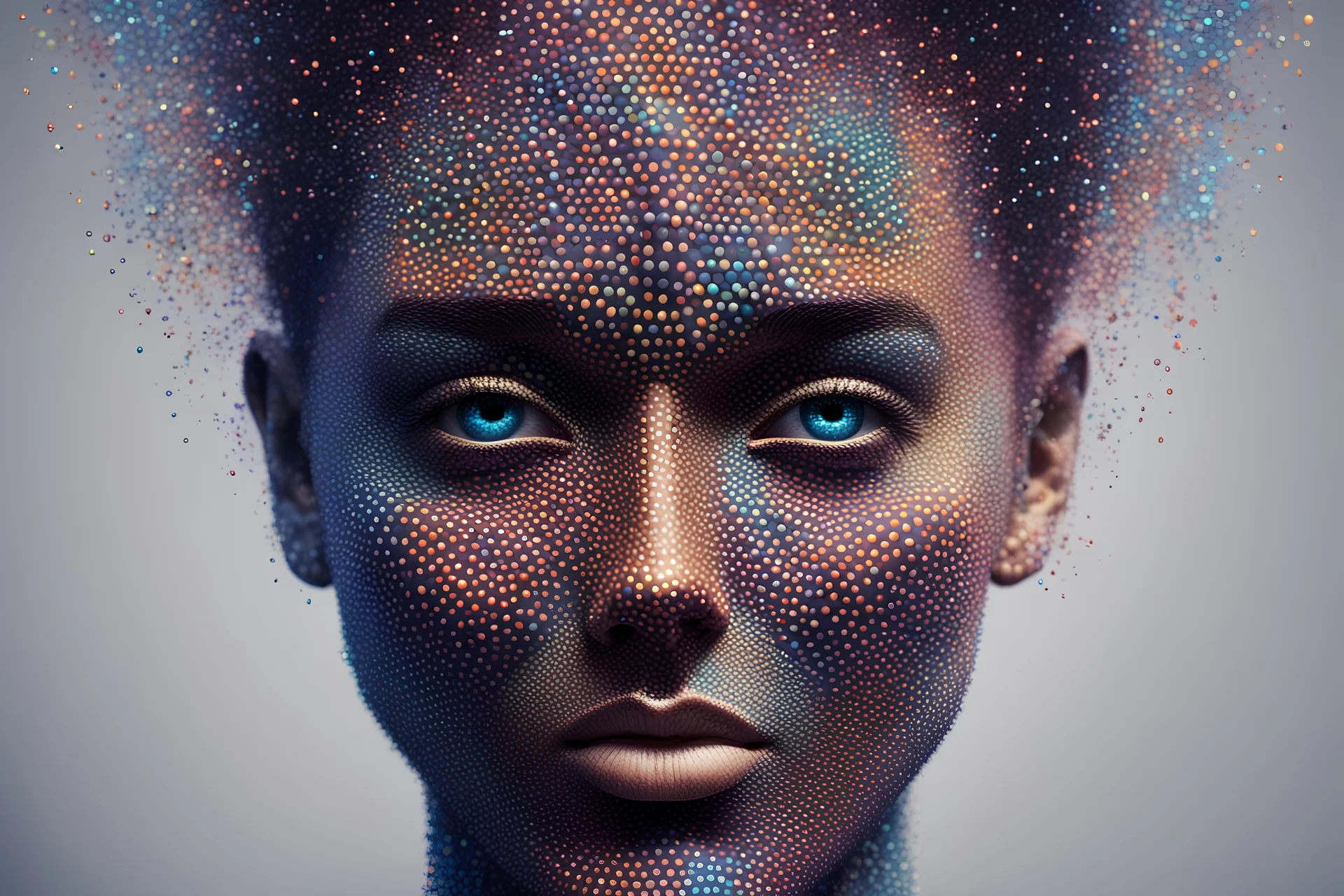 face made of dots, pointillism, dotted multicolored shapes, symmetrical, digital art, hologram, virtual reality, digitized structure, ultra detailed, 3d render, trending on CG company,