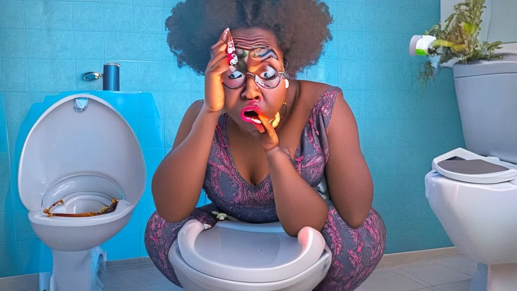 baffled black lady with cellphone sitting on the toilet