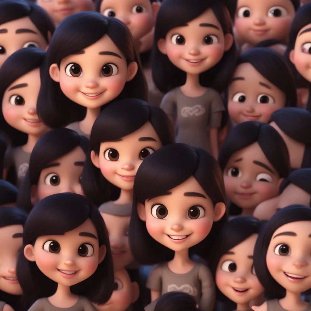 a portrait of smiling girl. carricature. cute. adorable. black hair. medium layers hair. fair skin. dark brown eye pupils. small nose. heart face shape. pixar style. 3D. 4k. portrait. highly detailed. sharp focus. high resolution. full color. cinema lighting