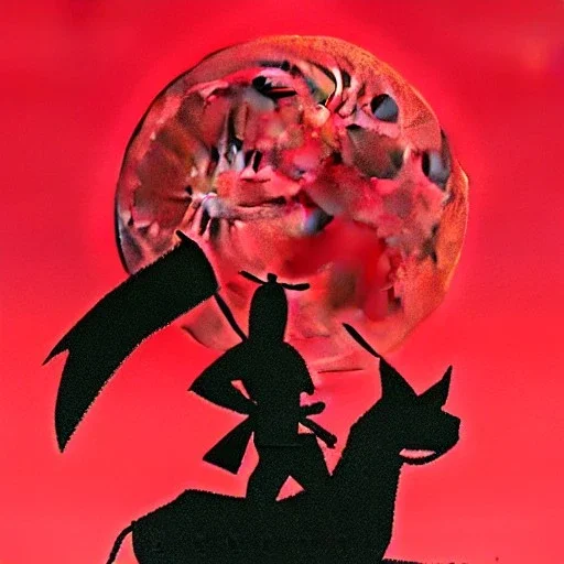 red samurai riding a red rhino, full moon, transparent background