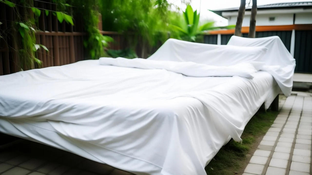 Large white bed sheets are drying next to the house