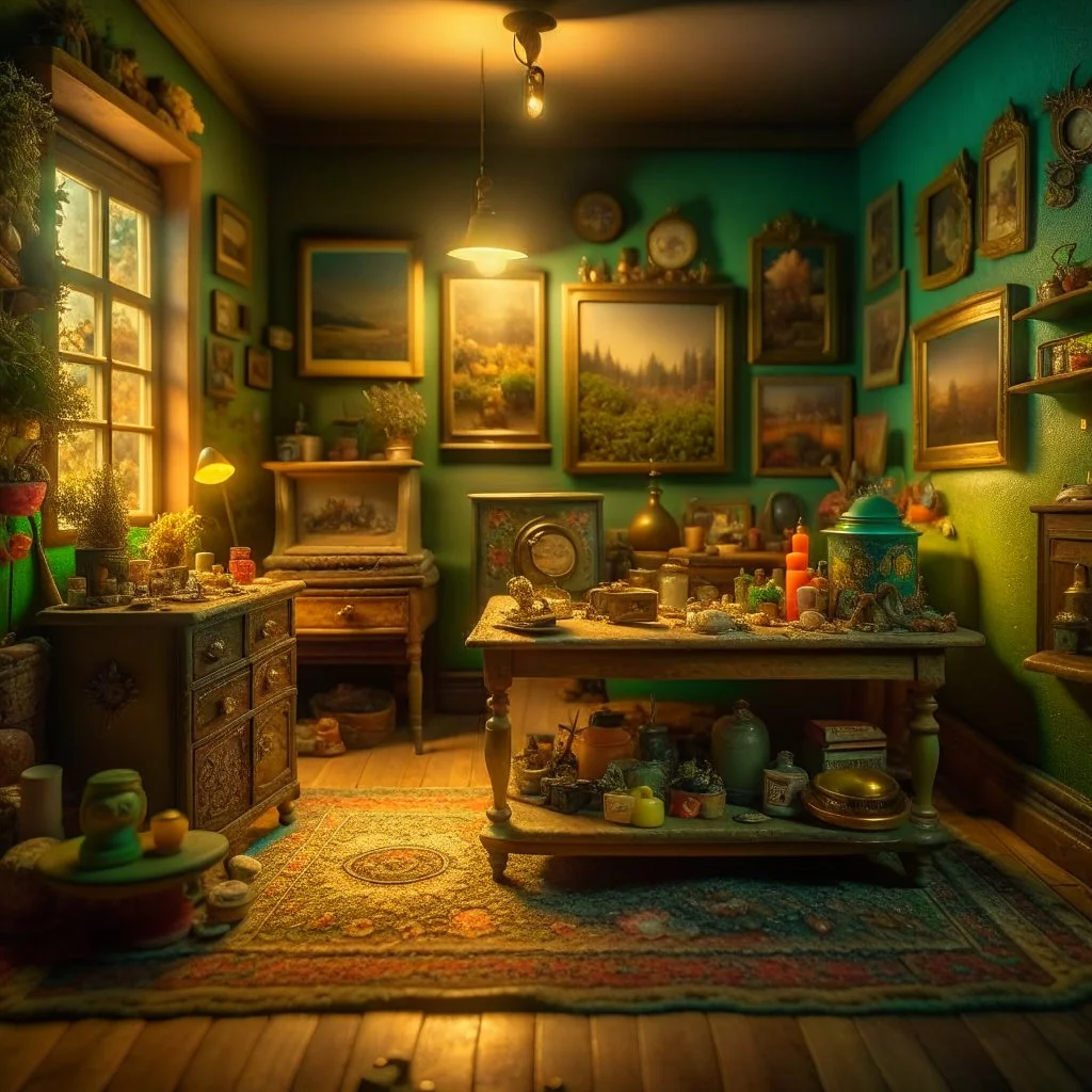 Diorama of old stuff in a room, sharp focus, 8k, 3d, very detailed, volumetric light, fine art, very colorful, ornate, 35mm, F/2.8, insanely detailed and intricate, hypermaximalist, super detailed, decadent