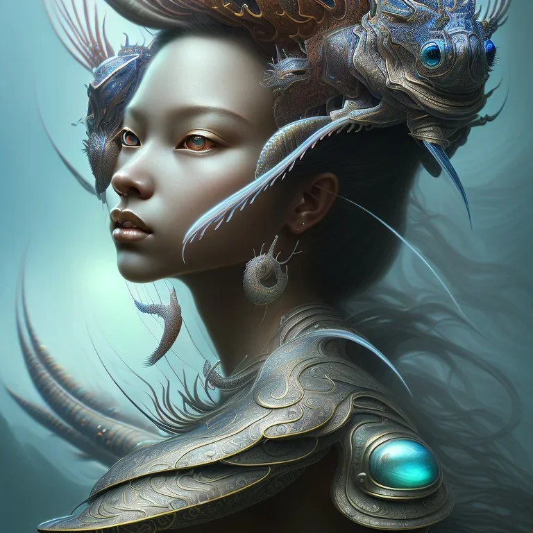 Sango fantasy, fantasy magic, intricate, sharp focus, illustration, highly detailed, digital painting, concept art, matte, art germ and Paul Lewin and Kehinde Wiley, masterpiece Indonesian lady head bronze lionfish Asian African girl nice breast Thai hair turquoise silver blue waves