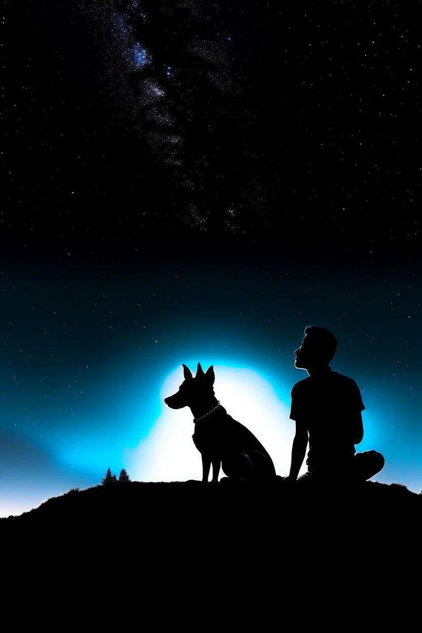 black background on a mountaintop and three silhouettes of a fit man, a silhouette of a fit woman, and silhouette of a Belgian malinois sitting next to the men and the woman looking at the stars