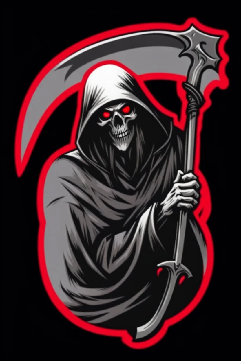 Grim-Reaper gripping scythe, vignette, black and white graphic novel style with a red outline, and black background,