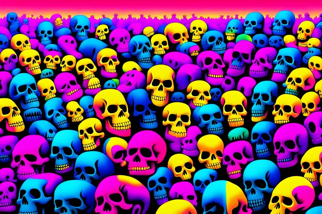a field of 1000s of cartoonish, anatomically correct, skulls, vivid RANDOM BRIGHT neon colors, dark comedy, well lit, high detail, photorealistic, horrorcore, fun, scary, none featured, each a different color or hue,