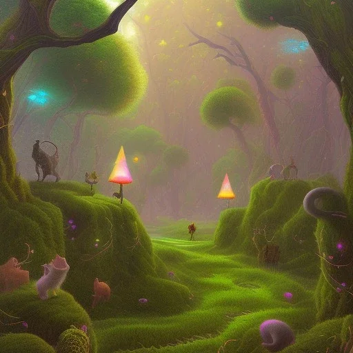 Cats walking in psychedelic forest