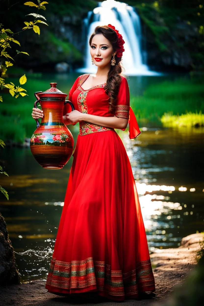 a woman in a red dress holding a vase, creative colorfull - makeup, with professional makeup, very very very beautiful face , nice country side with hills ,waterfall over a river with clear water,girls with perfect pretty face in folk costums and a jar, filling their jugs with water and some of them leaving while carring there jugs in there shouldes and 1beautiful girl with jug in shoulder in closeup , very nice mountains at distant, nice clouds in sky ,wide green field with