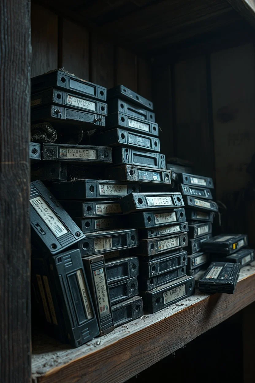 "A very old paints cracked dirty abandoned pile of very old VCR tapes as junk on a dusty old wooden shelf ,insanely detailed octane render trending on artstation, 8k artistic photography, photorealistic concept art, soft natural volumetric cinematic perfect light, chiaroscuro, award-winning photograph, masterpiece, oil on canvas, Raphael, Caravaggio, Greg Rutkowski, people, beksinski, Giger